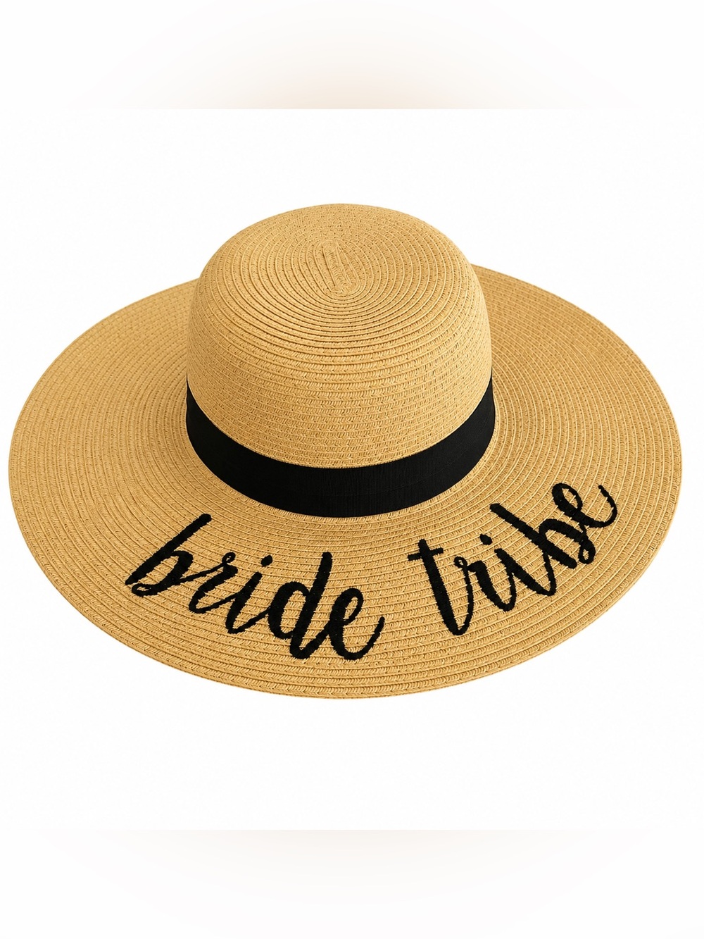 Bride Tribe Wide Brim Straw Sun Hat One Size Tan Black Ribbon Beach Resort NWT - Picture 3 of 9